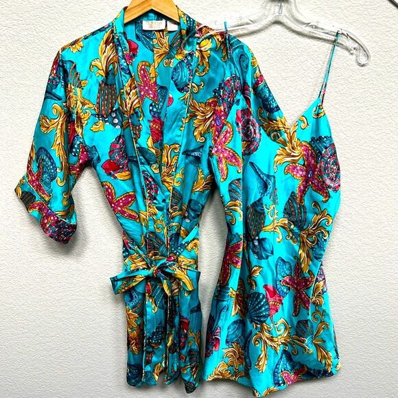 Victoria's Secret Vintage Size Small Silk Gold Label Starfish Robe Slip Set Gown - Picture 1 of 16